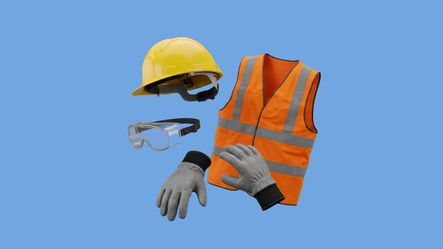 A 3D rendered collection of standard industrial safety equipment, including a yellow hard hat, high-visibility orange vest, protective goggles, and heavy-duty work gloves, hovering together over a pla