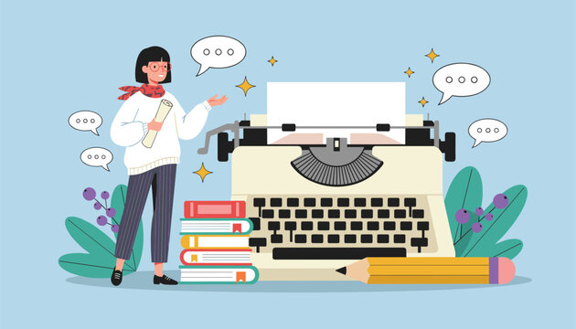 Creative female author standing next to a vintage typewriter, books, and speech bubbles to write a new novel.
