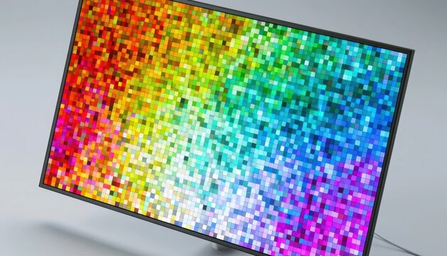 Colorful pixelated rainbow pattern displayed on flat screen television monitor
