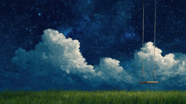 Empty wooden swing hanging over green grass under starry night sky