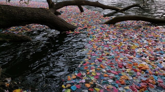 Colorful plastic waste and debris floating on dark water surface near fallen tree branches