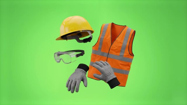 A complete 3D set of industrial personal protective gear&mdash;yellow safety helmet, protective eyewear, orange reflector vest, and work gloves&mdash;floating against a bright chroma key green background. Great f