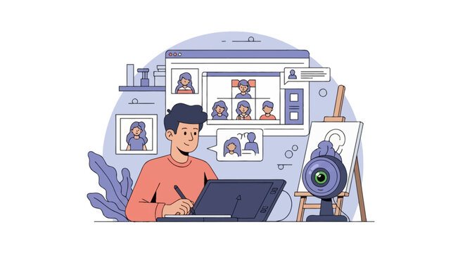 Vector illustration of a young male artist hosting a virtual art class using a graphics tablet and stylus while a webcam records an easel during a video conference session.
