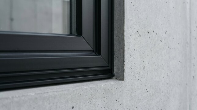 Modern black aluminum window frame installed in concrete wall.