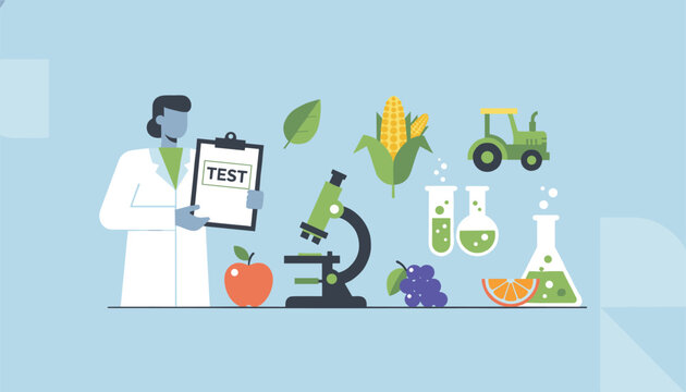 Laboratory researcher testing agricultural crops and fruits using a microscope, tractor, and laboratory glassware.