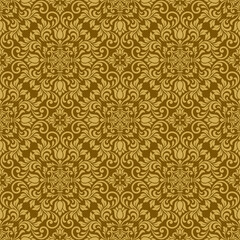 Fototapeta premium Elegant deep gold damask seamless wallpaper design featuring premium deep gold damask floral vector motifs for sophisticated deep gold damask textile backgrounds.