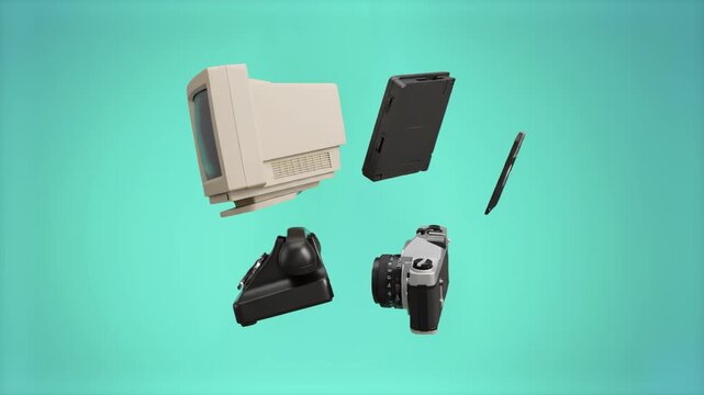 A creative 3D render displaying classic 1990s electronic gadgets like a joystick, camera, diskette, and personal computer drifting over a solid cyan teal background. Excellent for trendy tech marketin