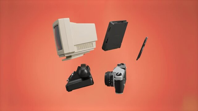 A detailed 3D rendering of floating retro tech gear, including a vintage CRT computer monitor, classic photo cameras, electronic tablet, and stylus pen levitating against a solid red backdrop. Ideal f