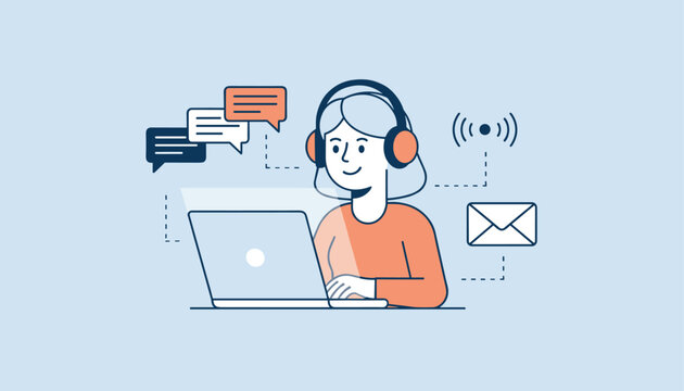 Friendly female customer support operator working on her laptop with headphones and floating communication icons.