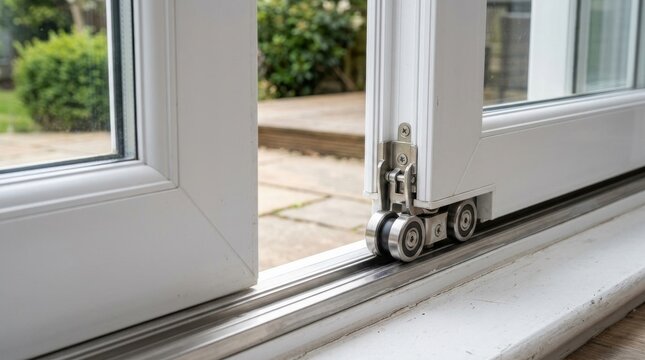 Close up view of sliding door wheels and metal track mechanism.