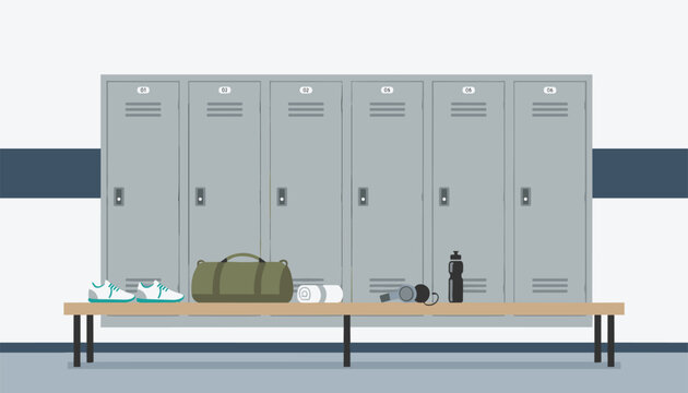 Clean empty gym locker room with gray metal lockers, a wooden bench, sneakers, a sports bag, and a water bottle.