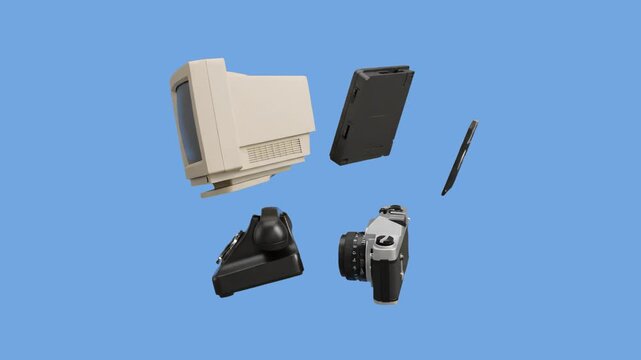 A curated collection of vintage office technology, featuring a classic CRT computer monitor, a vintage camera, a floppy disk, and a stylus pen, floats in a clean 3D space. Set against a plain blue stu