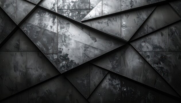 A dark, textured, abstract geometric background with sharp angles and a distressed metal finish.