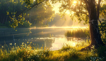 Fototapeta premium Tranquil lakeside landscape sunlight