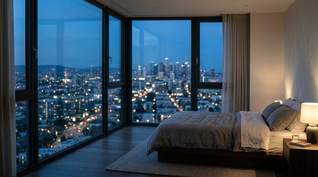 Modern high rise bedroom with panoramic city skyline view at night.