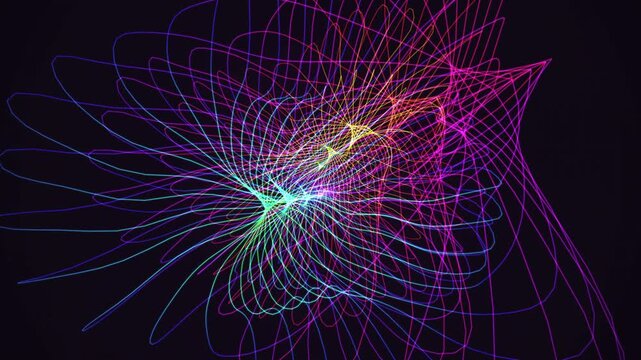 Hypnotic seamless loop of a glowing magenta spherical harmonics morphing through an abstract topology field in crisp volumetric detail. Ideal for science background, vj loop. 4K UHD.