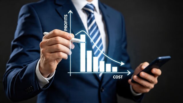 Businessman in suit drawing profit and cost graph on virtual screen, financial analysis chart showing decline, corporate strategy planning, economic downturn concept
