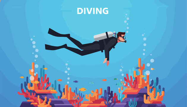 Scuba diver swimming deep underwater near colorful coral reefs and small tropical fish with large text saying diving.