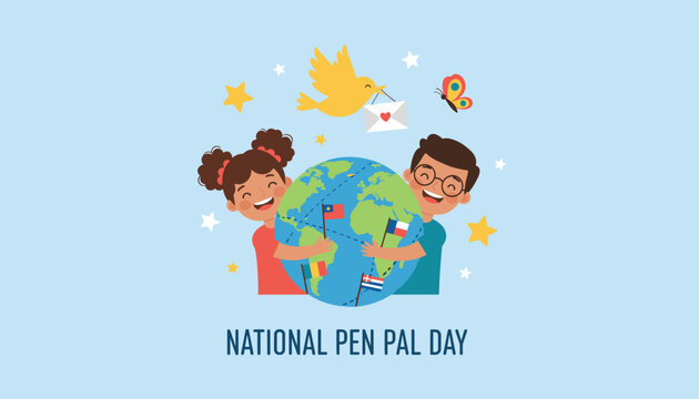 Cute children hugging the earth globe with flags and a flying messenger bird carrying a letter for National Pen Pal Day.