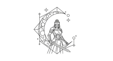 Obraz premium Celestial warrior woman with sword and moon, geometric constellation, mystical fantasy art