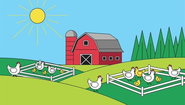 Rural poultry farm features a red barn with a silo and chickens roaming freely inside fenced green coops.