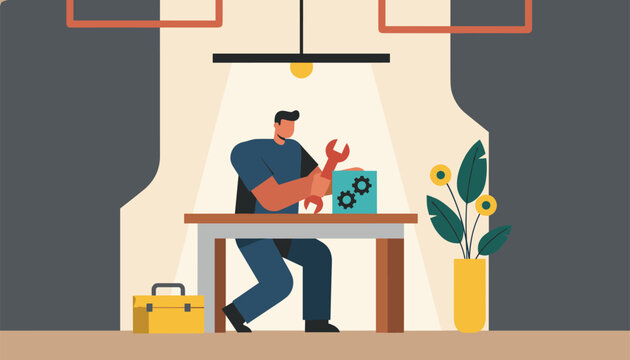 Professional mechanic uses a wrench to repair machinery at his workshop table under a bright desk lamp.