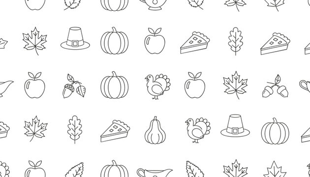 Minimalist seamless pattern showcases classic black and white line icons of Thanksgiving and autumn symbols.