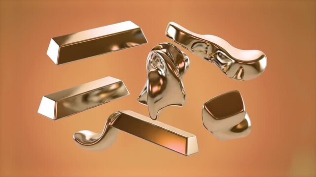 A luxurious abstract 3D graphic showing melting, distorted liquid gold or polished bronze blocks and metallic geometric bars floating gracefully over a solid pastel orange backdrop. The reflective gol