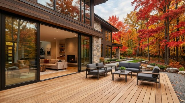Modern luxury home with wooden deck and autumn forest view.