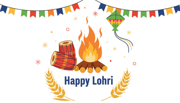 Happy Lohri greeting card illustration featuring bonfire, traditional dhol drums, kite, and ears of wheat.