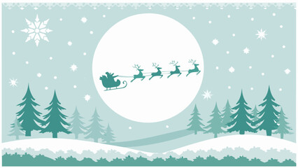 Santa claus and reindeer illustration with winter scene and large moon © shova