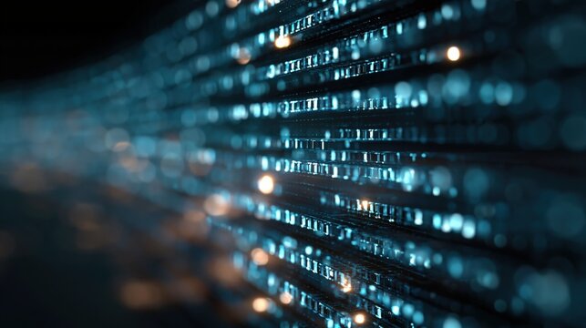 Abstract digital data stream with glowing blue lights and bokeh effect representing technology and connectivity