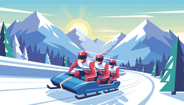 Professional bobsleigh team racing down a snowy track with majestic mountains and a bright sun in the winter background.