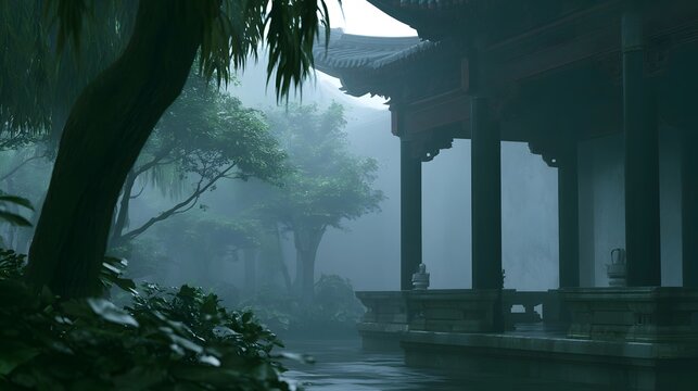 An ancient temple courtyard shrouded in mystical fog and ethereal light creates an atmosphere of deep visual intrigue and serenity