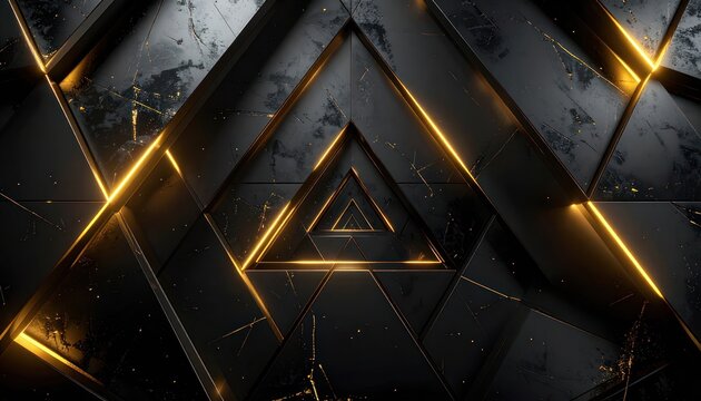 A dark, geometric abstract background featuring interlocking triangles with glowing golden edges and a marbled texture.