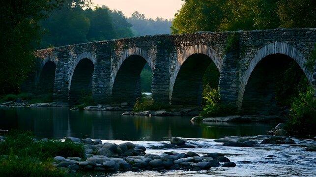 A dynamic three quarter view of a historic bridge spanning a river highlighted by glowing light and shimmering textures