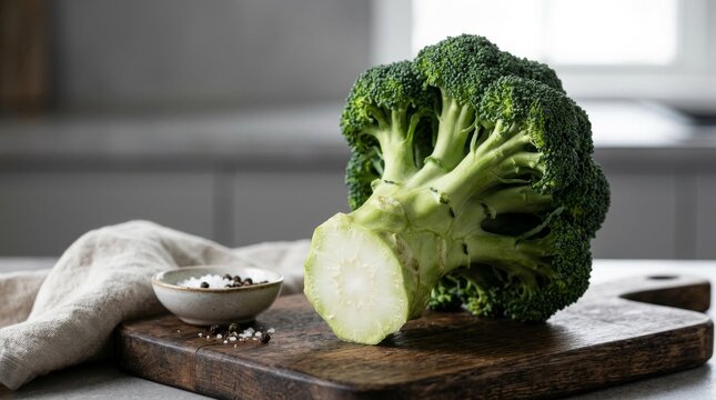 Fresh green broccoli head on wooden cutting board with spices in kitchen.