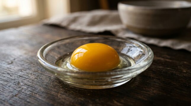 Fresh raw egg yolk in small glass bowl on rustic wood.