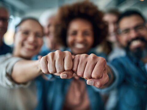 Diverse group of smiling people celebrating unity and teamwork with a fist bump
