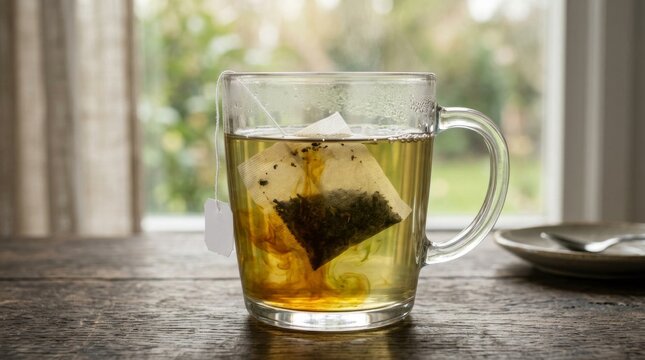 Clear glass mug with pyramid tea bag steeping on wooden table.