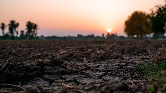 A vast crumbling farmland stretches under a dramatic sunset sky creating a tranquil and evocative rural landscape