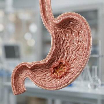 Human Stomach with Gastric Ulcer Anatomical Cross Section Medical 3D Illustration