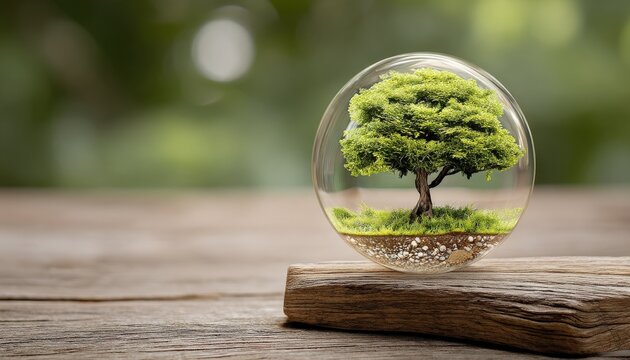 Miniature lush green tree thriving within a protective clear glass sphere on rustic wood