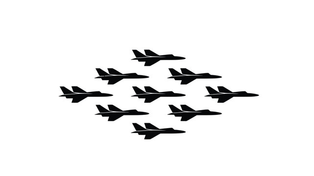 Military jet fighter aircraft flying in formation vector silhouette