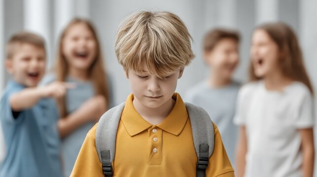Sad young boy being bullied by classmates at school, feeling isolated and alone