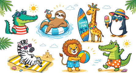 Fototapeta premium Set of cute animals enjoying a summer vacation