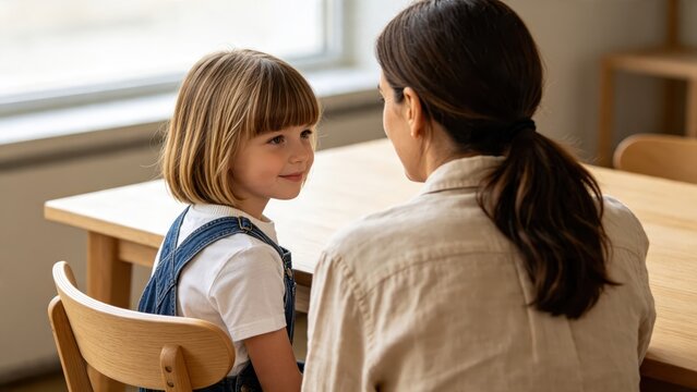 Teacher talking to student in classroom, education and learning concept, young girl listening to instructor at school desk