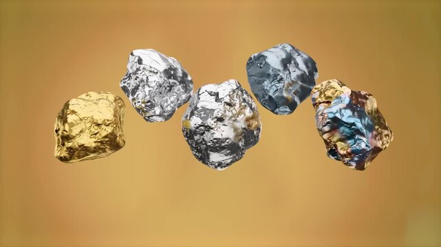 A detailed 3D rendering of raw metallic ore nuggets, including silver, platinum, and gold rocks levitating in mid-air against a warm golden-yellow backdrop. Ideal for precious metals trading media, mi