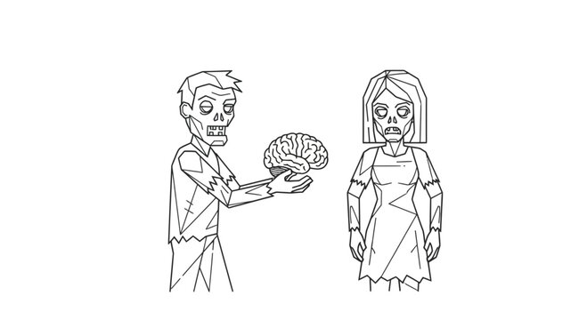 Zombie Couple Sharing Brain, Halloween Horror Concept, Outline Illustration