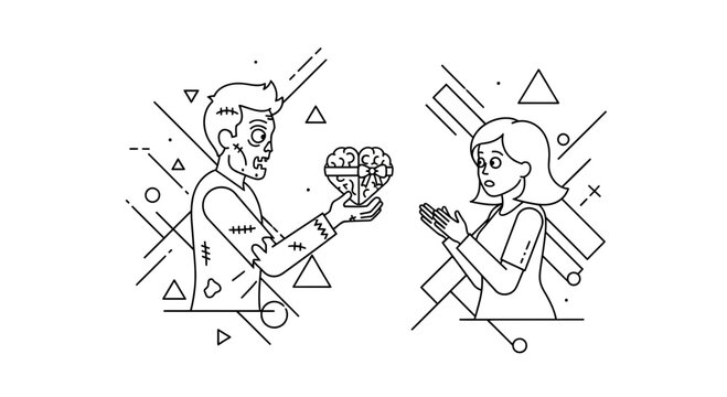 Zombie offers heart brain to scared woman, love, relationship, horror, abstract background